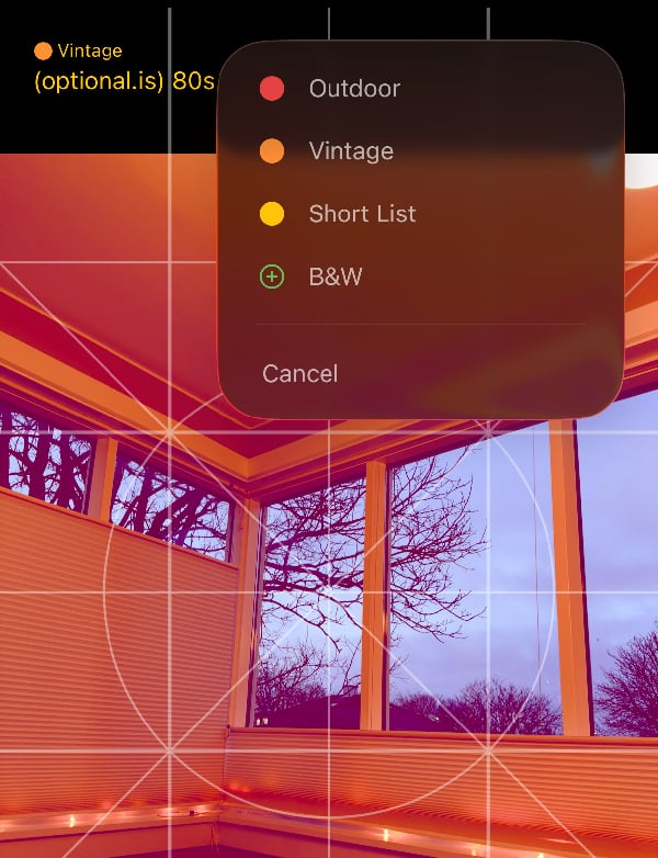 The camera view has a small menu in the top right to add categories to a LUT quickly