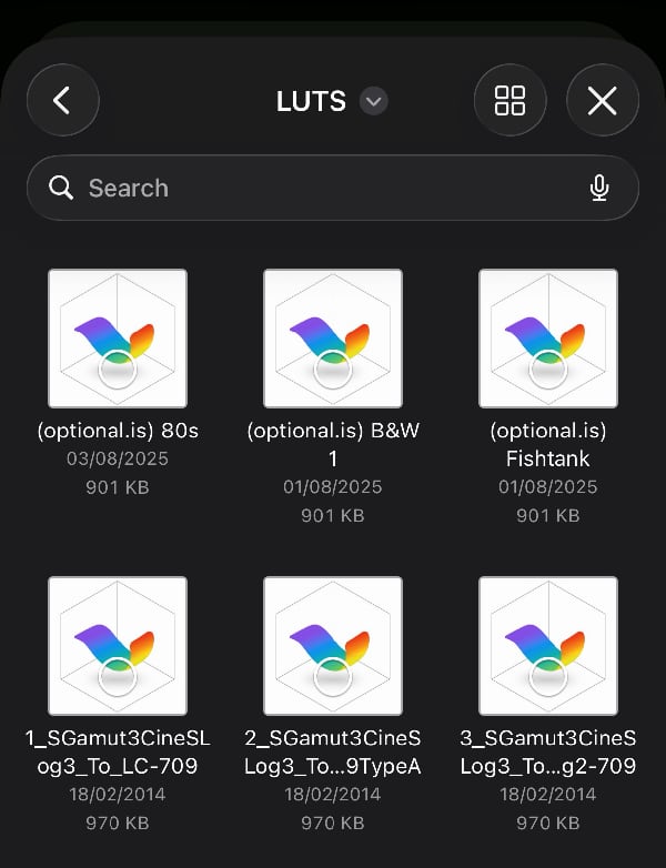 Screenshot of Files.app browsing a folder called LUTs