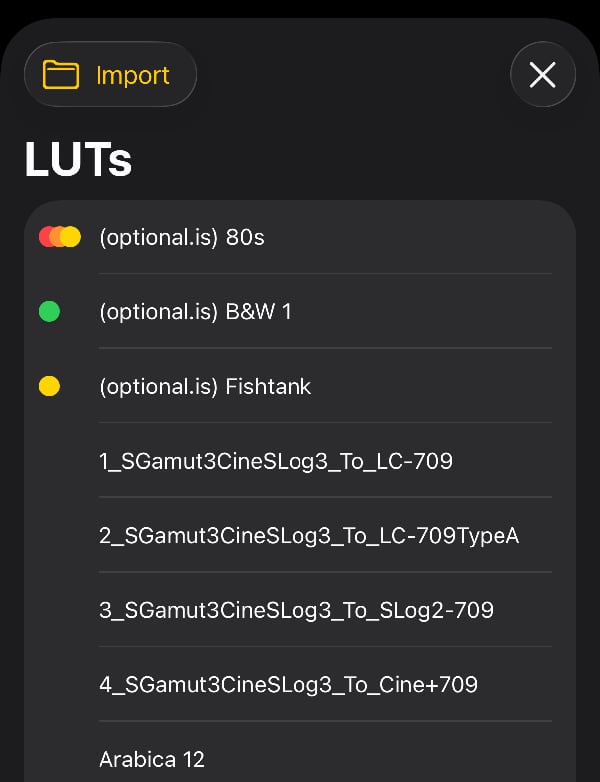 List of LUT files with an Import button in the top left