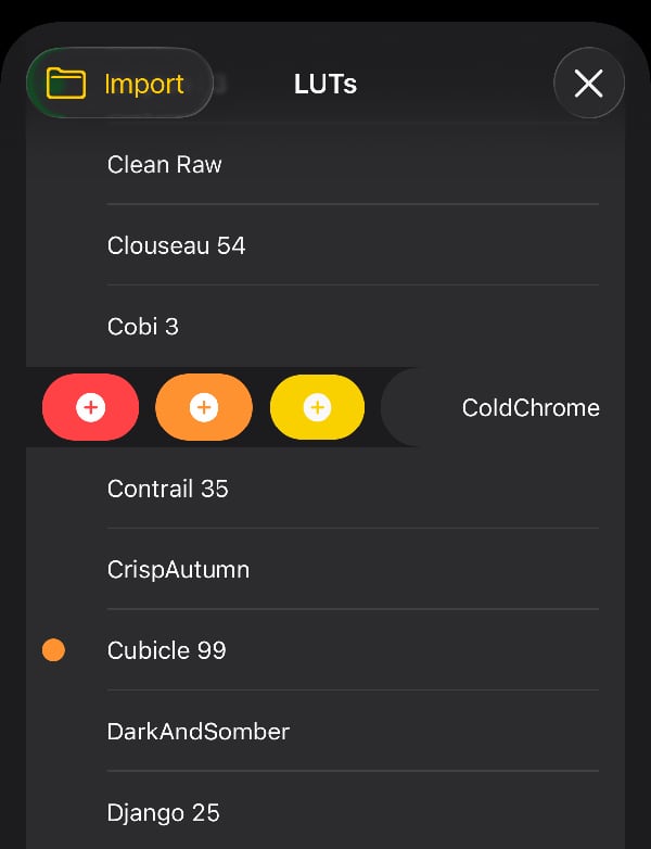 List of LUT files with one row swiped right to show category options