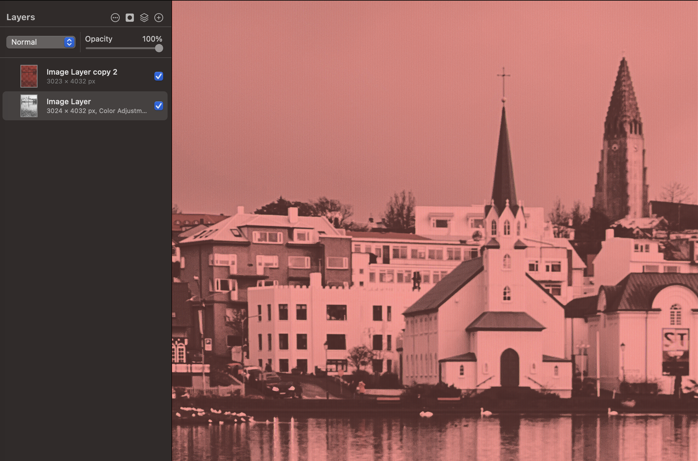 Screenshot of the black and white and red image