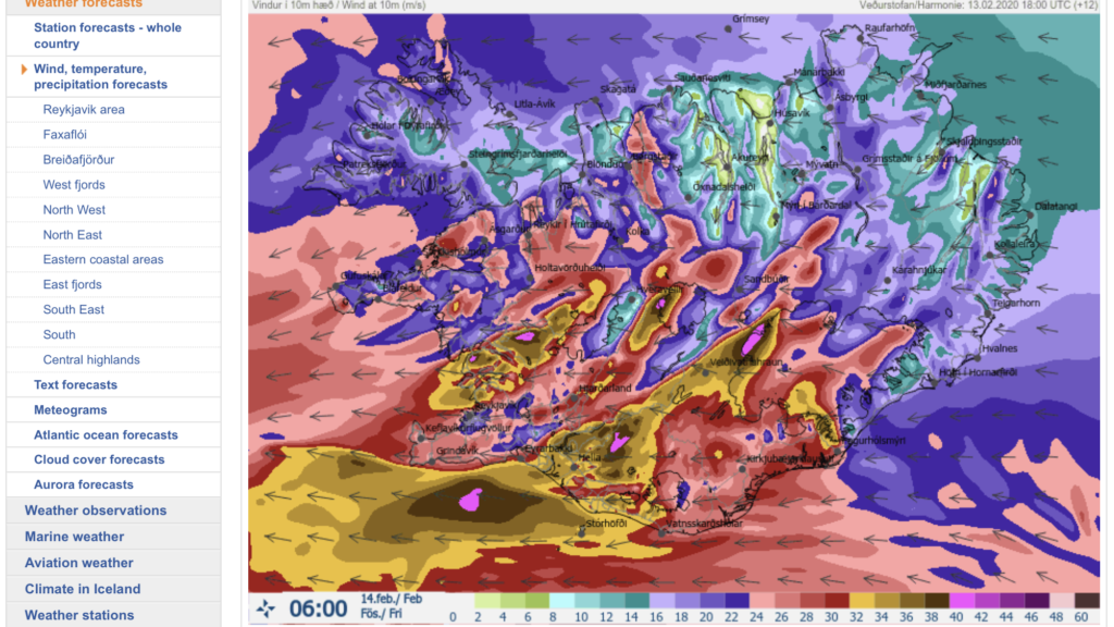 Map of Hurricane winds across Iceland