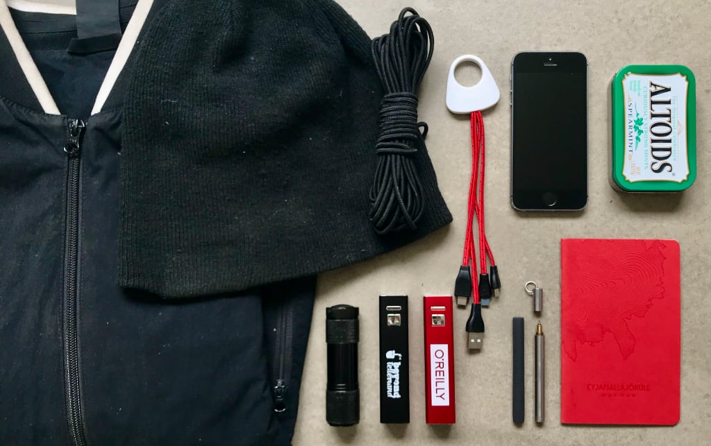 Modern Shinobi Rokugu: Jacket, hat, cord, dongles, flashlight/laser, batteries, phone, repurposed first-aid tin, chalk, pen, notebook