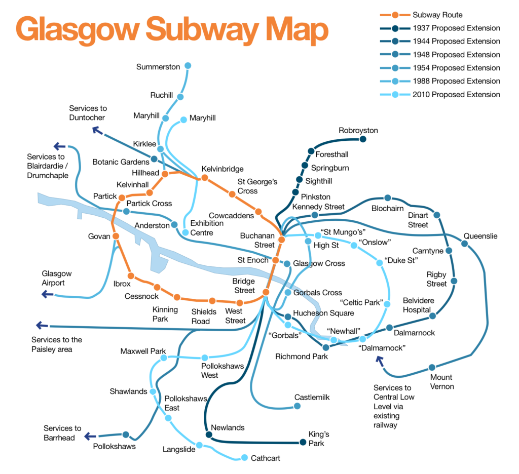 Proposed extensions to the Glasgow Subway system.