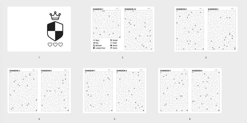 screenshot of a 3 page, 6 spreads, printable A5 booklet full of puzzle mazes.