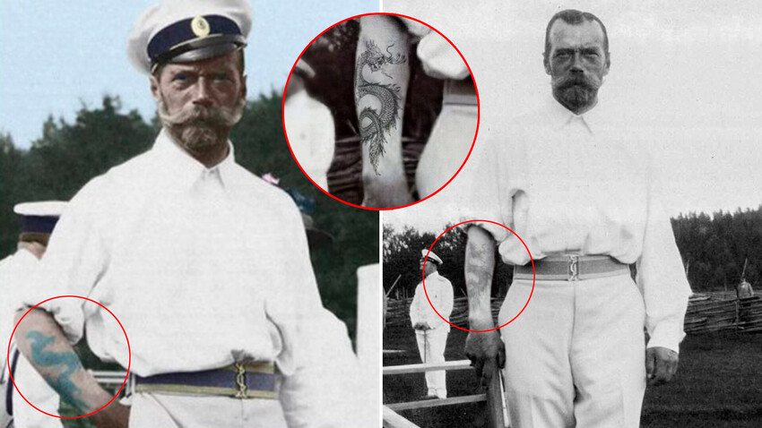 Czar Nicholas II of Russia sporting a Dragon Tattoo he got in the 01890s when visiting Japan.