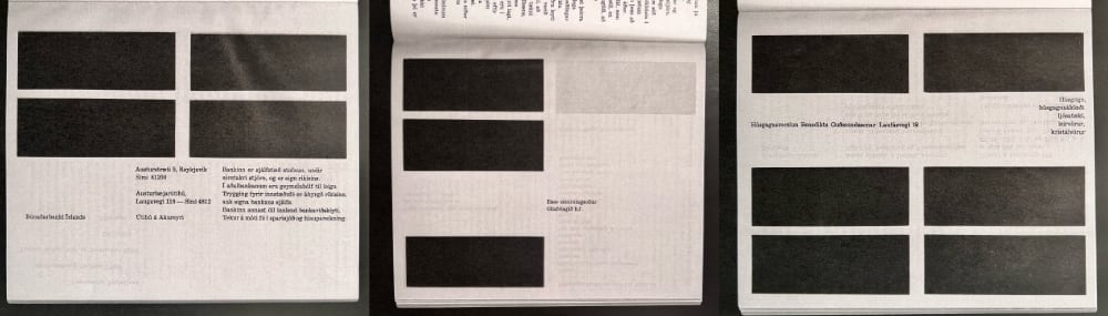 Three pages of advertisements from Birtíngur magazine by Dieter Roth.