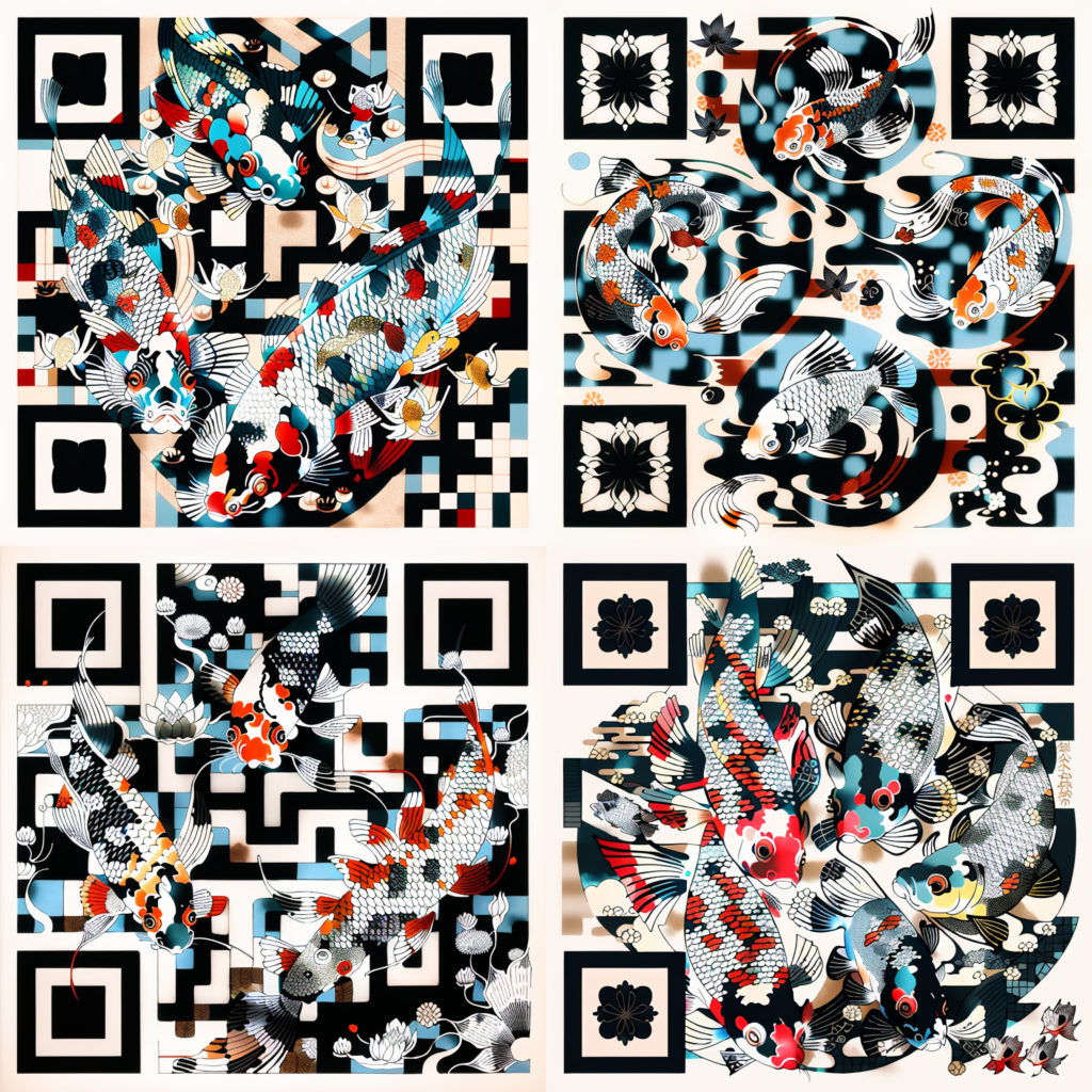 4 QR codes altered by Stable Diffusion to include Koi