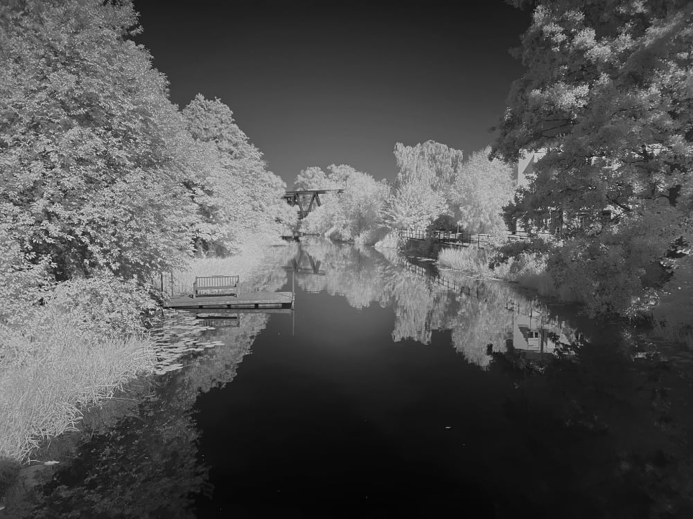 Black and white Infrared image of a tree lined canal