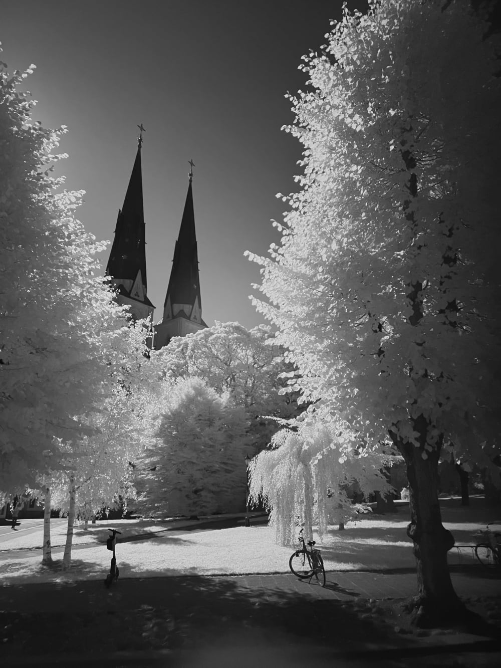 Black and white infrared image of a church in Uppsala Sweden