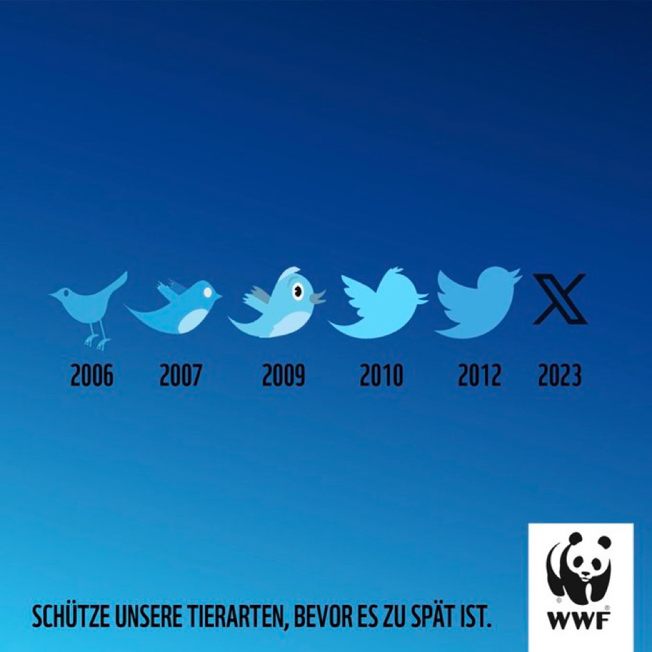 Evolution of the twitter bird image over the years, ending with the X in 2023, with the phrase in German
