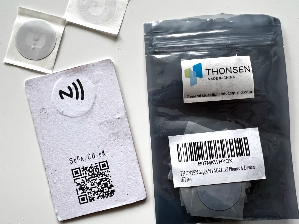A collage of items: NFC tag, a credit card covered with NFC Sticker and QR code and a bag of NFC stickers.