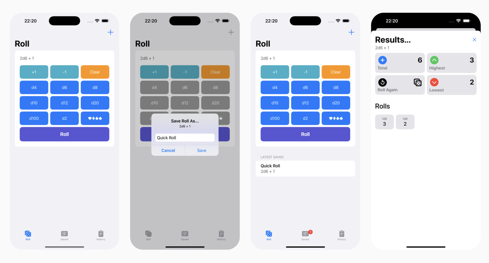 Screenshot of 4 iPhone screens featuring a simple dice rolling app that looks more like a calculator