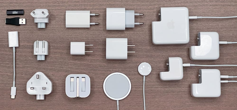 Collection of various Apple chargers