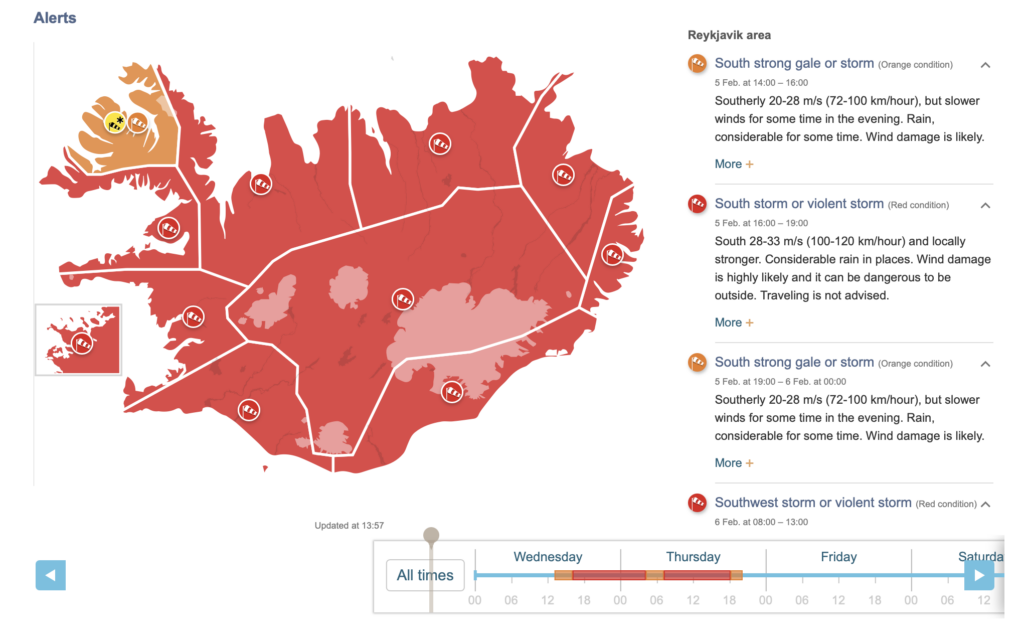 Screenshot of a map of Iceland covered in Red weather warnings