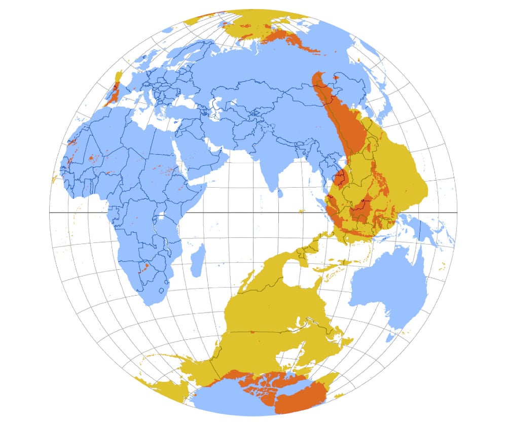 A map of the world focused on Europe superimposed with an upside down of the world focused on Asia