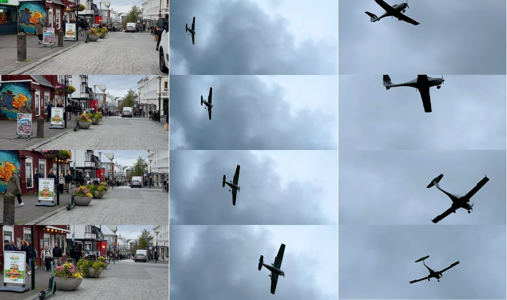 Three sample collages. Street scape, an airplane landing, airplane passing overhead