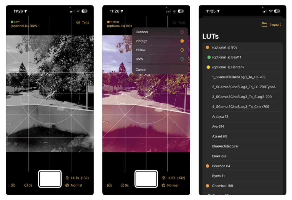 a screenshot of three sample screens from the LUT Camera app