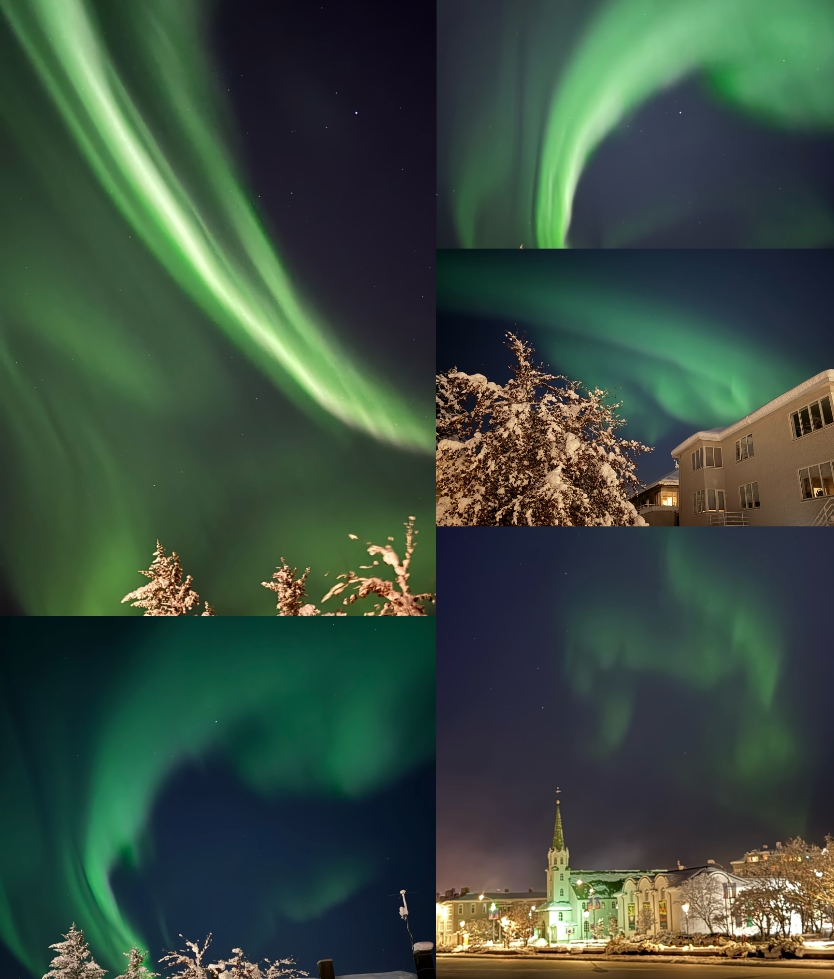 collage of northern lights over Reykjavik