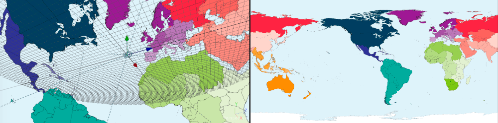 Screenshot with two panes, the first is inside of a sphere with a world map projected onto it. The second pane is the Equalrectangular version of the map