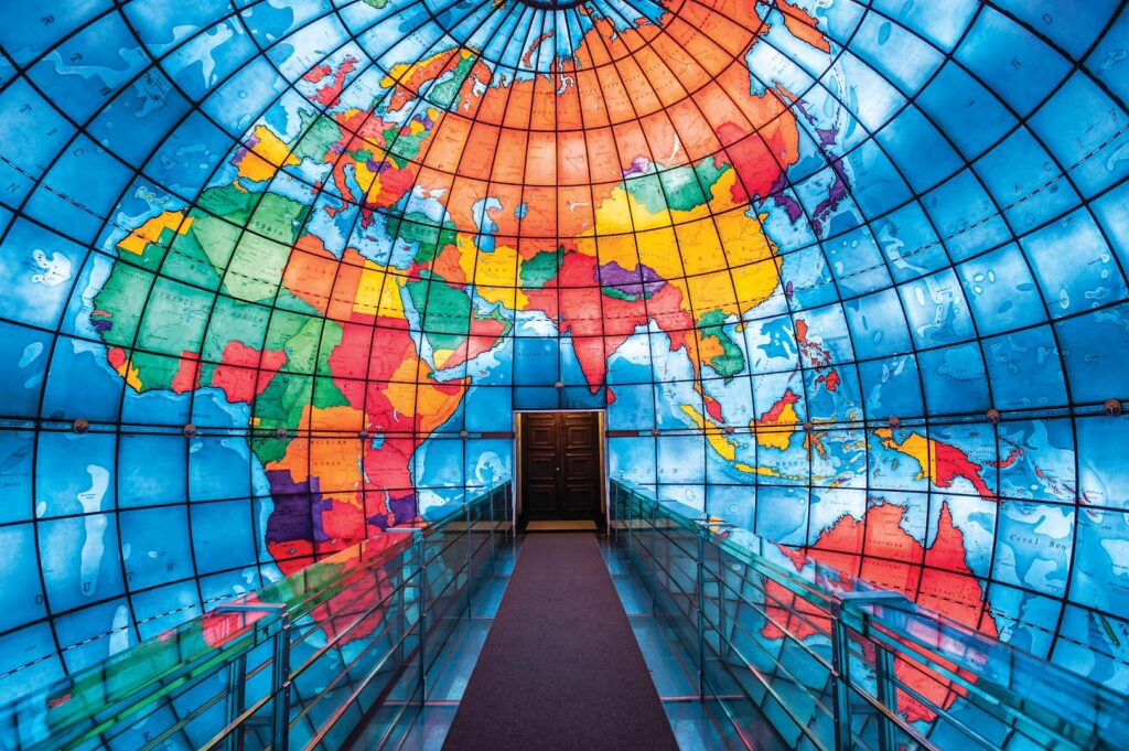 Mapparium in Boston. View inside the globe while walking over a bridge which bisects the sphere.