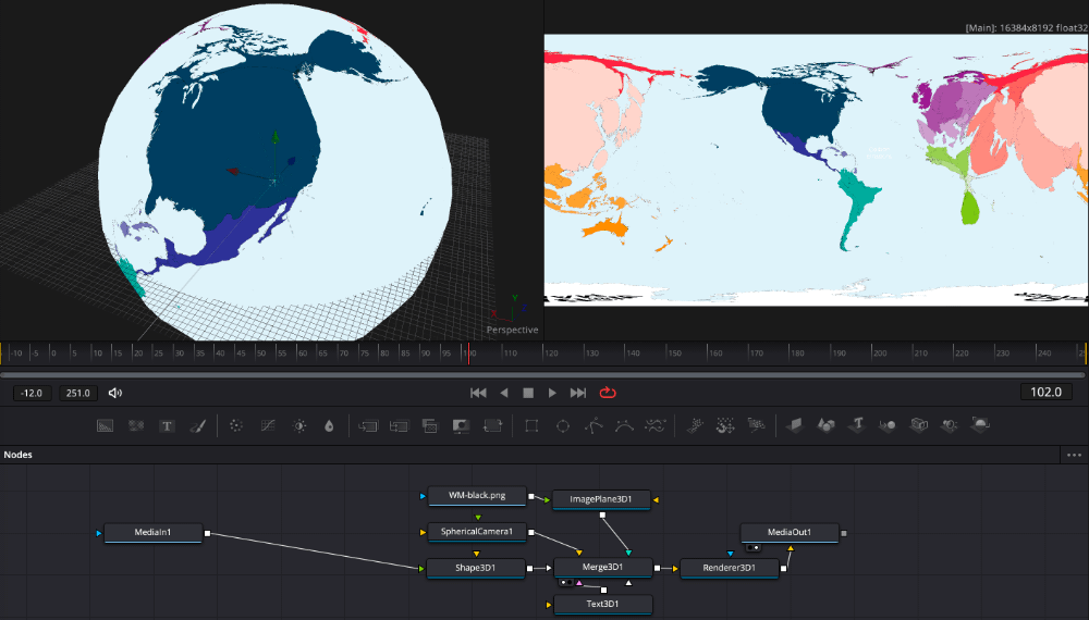 Screenshot of DaVinci Resolve Studio with the world mapper cartogram and node timeline to map it onto a sphere
