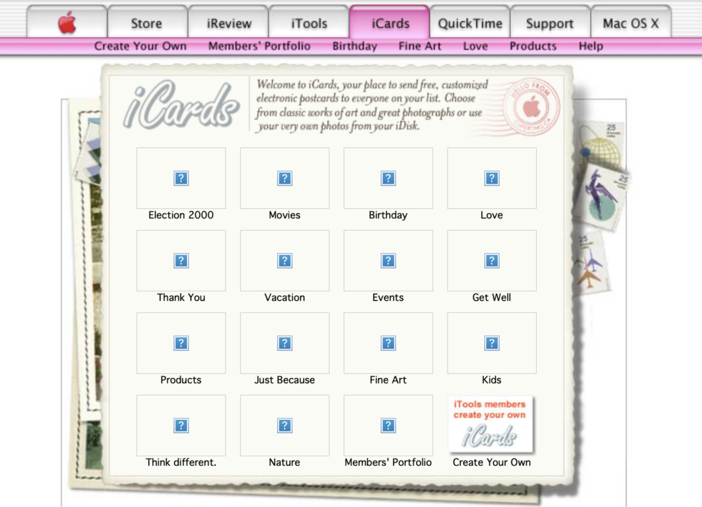 Screenshot of archive.org of Apple's iCards page