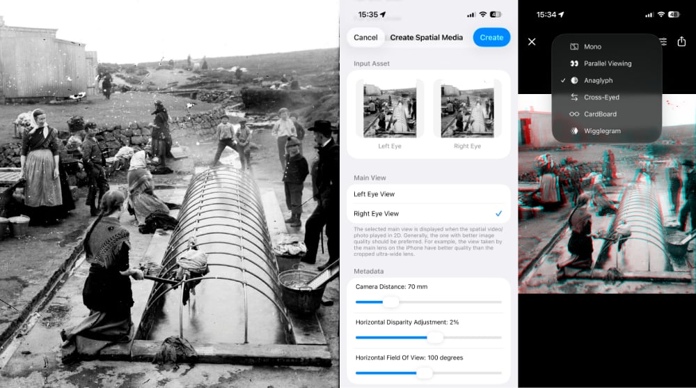 Collage of the source image, spatiality app taking a left and a right and sample output