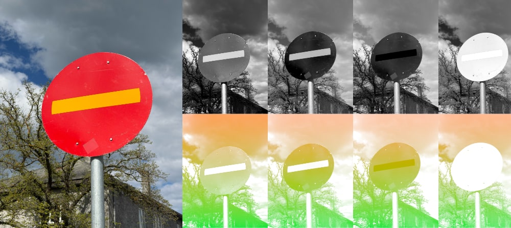 A Colorful source image and a series of different grayscale images derived from the source image and how that affects the gradient.