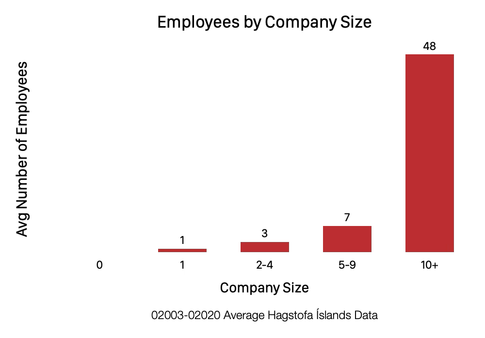 A bar chart that shows the average number of employees in each size cluster