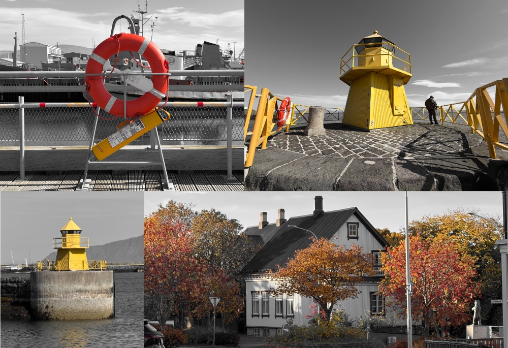 A collage of photos that are black and white with the exception of one color. Two images of a yellow light out, an image of orange trees and another of an orange life preserver on a pier.