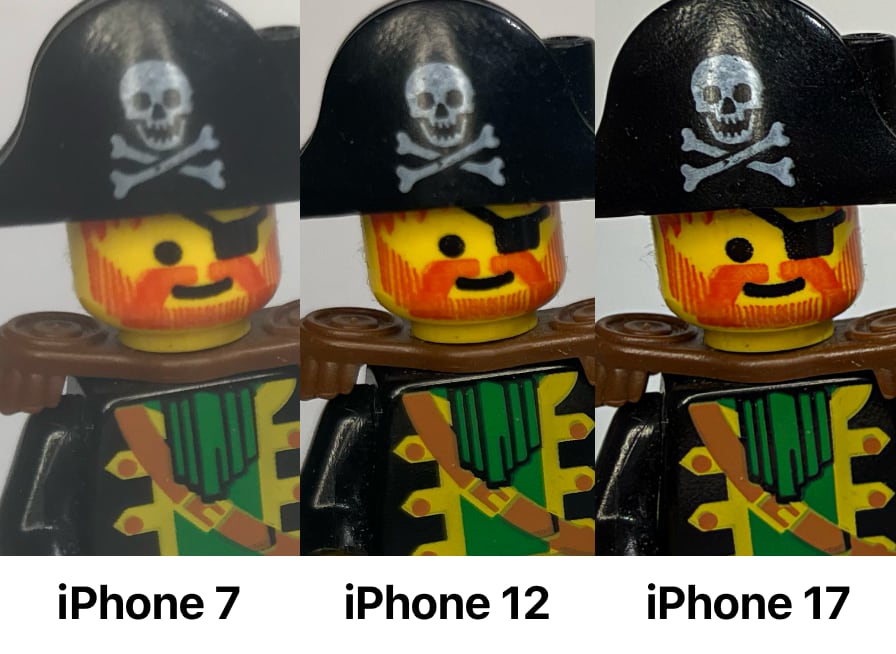 Three photos taken on the iPhone 7, 12, 17 of a LEGO Redbeard pirate. You can see the improving quality with each photo slice